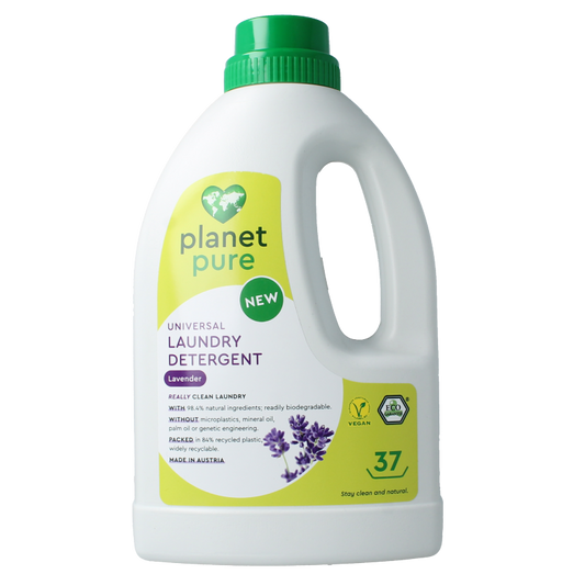 Planet Pure liquid laundry detergent in lavender scent, 1480ml, showcasing the translucent bottle with lavender flowers and detergent inside.
