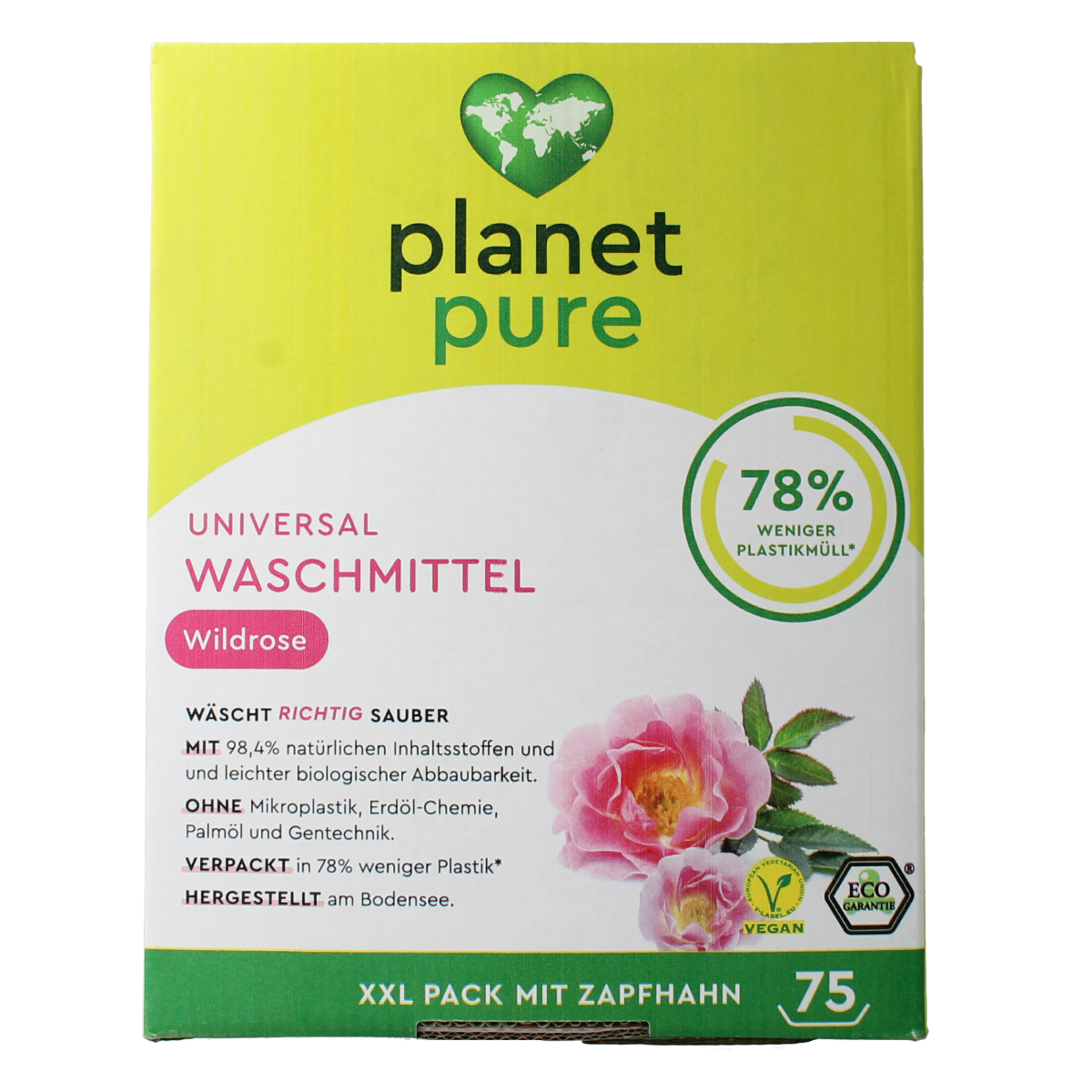 Planet Pure universeel vloeibaar wasmiddel in wild rose geur, 3 liter bottle, eco-friendly laundry product with floral scent.