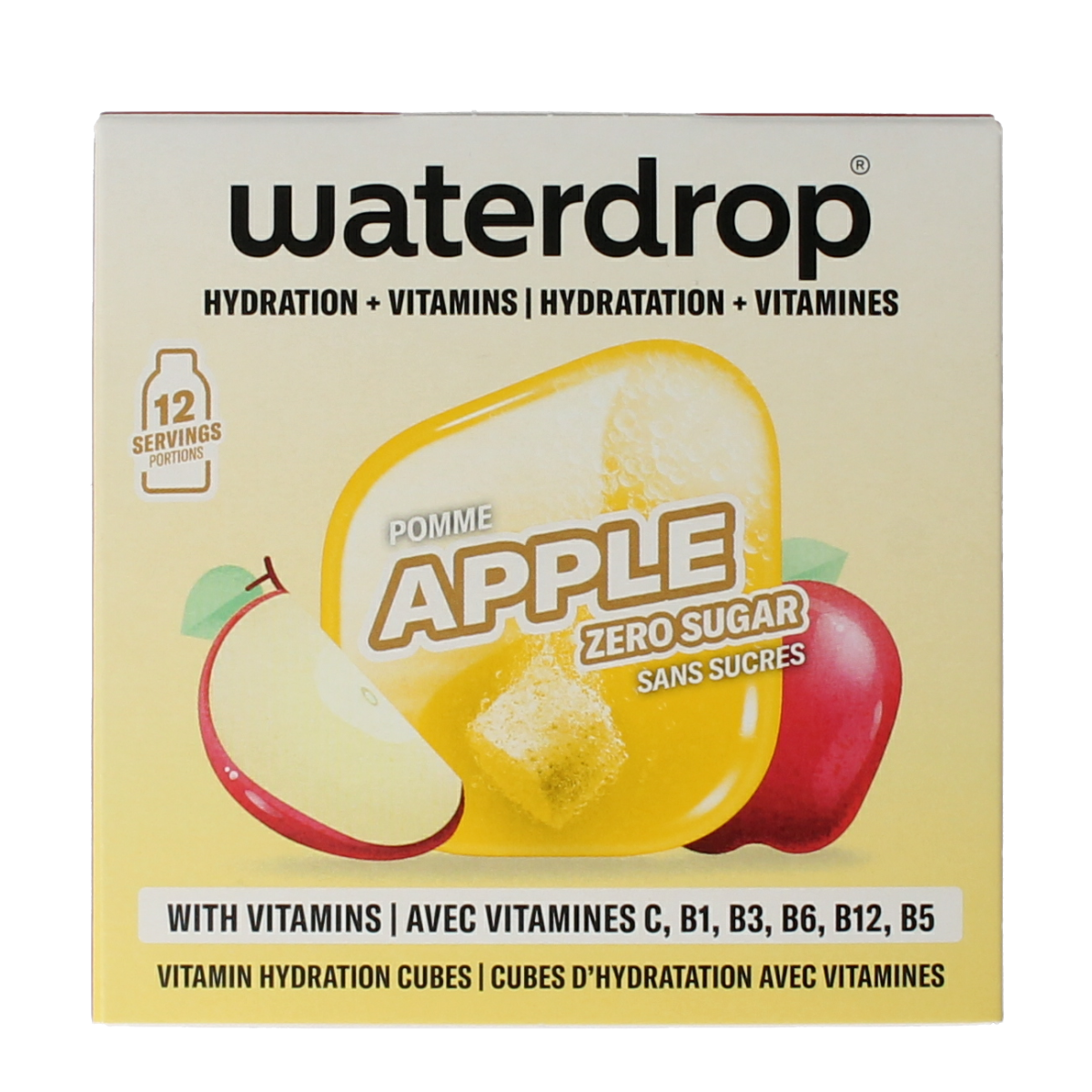 Waterdrop Microdrink apple flavor, 12-pack, colorful drink powder packets for flavored water, in a clear view.