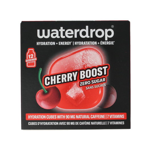 Waterdrop Microenergy Cherry Boost drink tablets in a pack of 12, colorful packaging for flavored water enhancement.