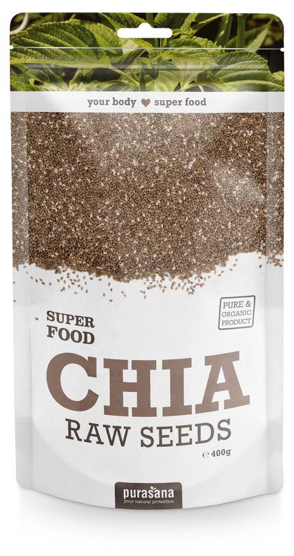 Raw Purasana Chia seeds in a 400g vegan bio superfoods package, shown in a clear image.