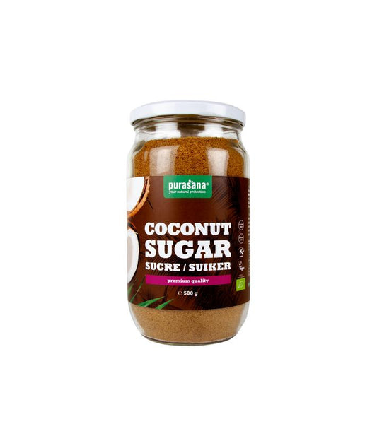 Organic Purasana coconut blossom sugar in a 500g package, natural sweetener from dried coconut flower nectar.