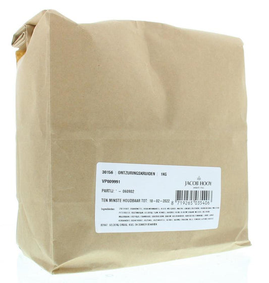 Jacob Hooy Ontzuringskruiden in a 1kg bag, a blend of herbs, salts, and meal mixes for flavoring and seasoning.