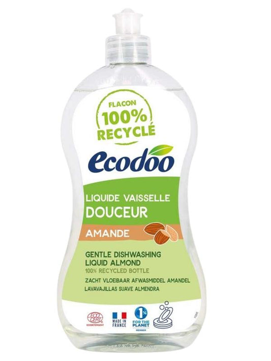 Ecodoo soft liquid dish soap with almond scent in a 500ml bottle, eco-friendly and gentle for cleaning dishes.