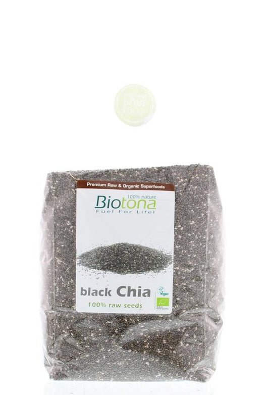 Biotona black chia raw seeds in a 1kg bio package, showcasing the fresh, raw superfoods product from the brand.