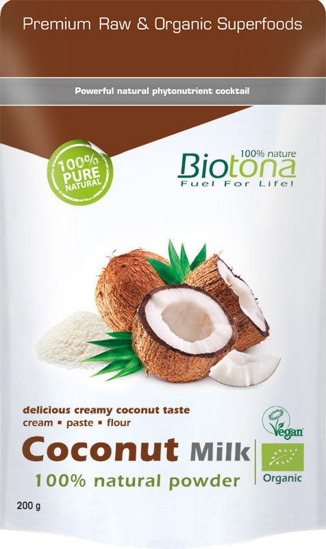 Biotona organic coconut milk powder in a 200g package, raw superfood product with shredded coconut texture and natural appearance.