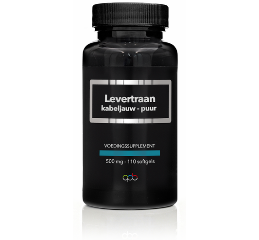 APB Holland Levertraan kabeljauw puur 500mg softgels, omega-3 vetzuren supplement in clear bottle with softgel capsules.