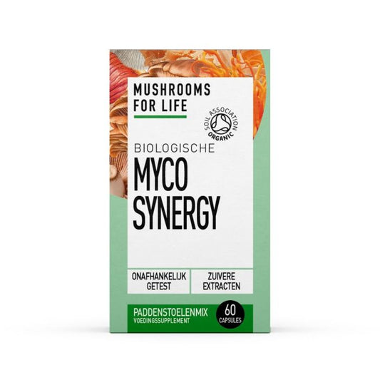 Mushrooms for Life Myco Synergy bio capsules, dietary supplement in a bottle, with capsules visible in the image.