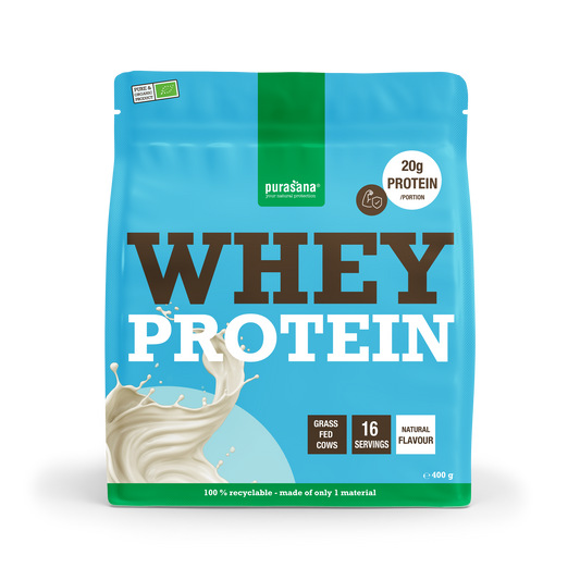 Purasana Whey Proteine Naturel Bio amino acids supplement in 400g container, showing the product packaging and label.