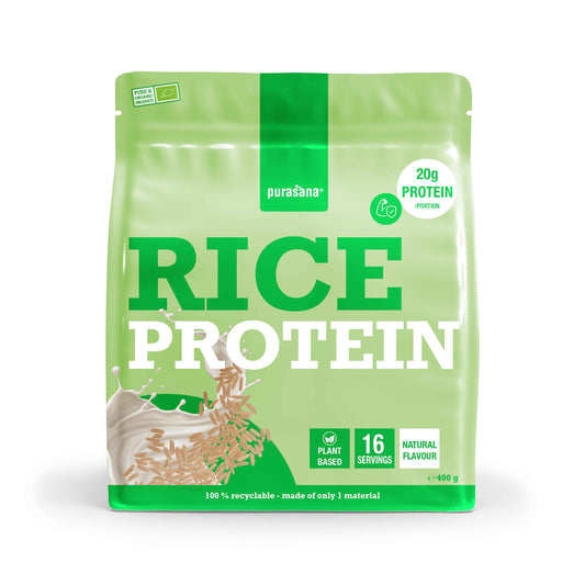 Purasana Plant Protein Rijst bio, 400g natural rice protein powder with amino acids, in a clear container.