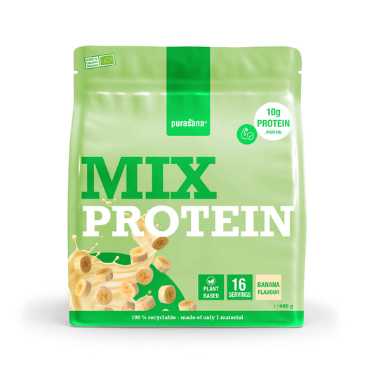 Purasana Plant Protein Mix Banana bio container, 400g, with amino acids and natural banana flavor in a plastic jar.