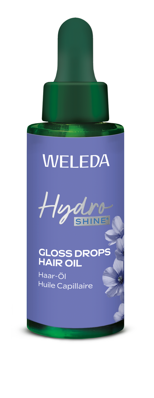 Weleda Hydra Shine Haarolie bio 30ml in a clear bottle showing the nourishing hair oil with a dropper applicator.