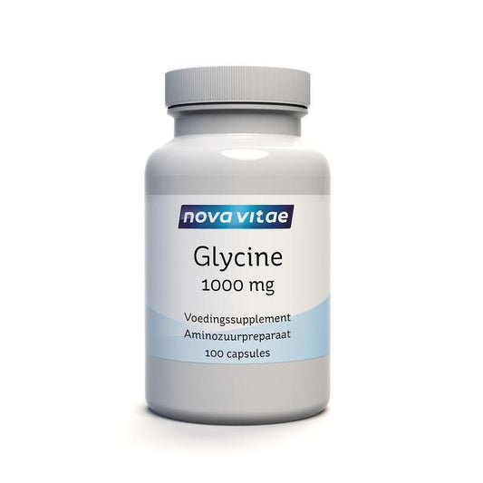 Nova Vitae Glycine 1000mg vegetarian capsules, amino acids supplement, shown in clear plastic bottle with capsules inside.