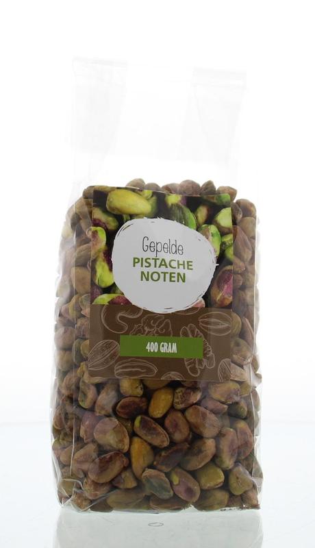 Raw gepelde pistache noten in 400g pack from MijnNatuurwinkel, showcasing green and beige pistachio kernels.