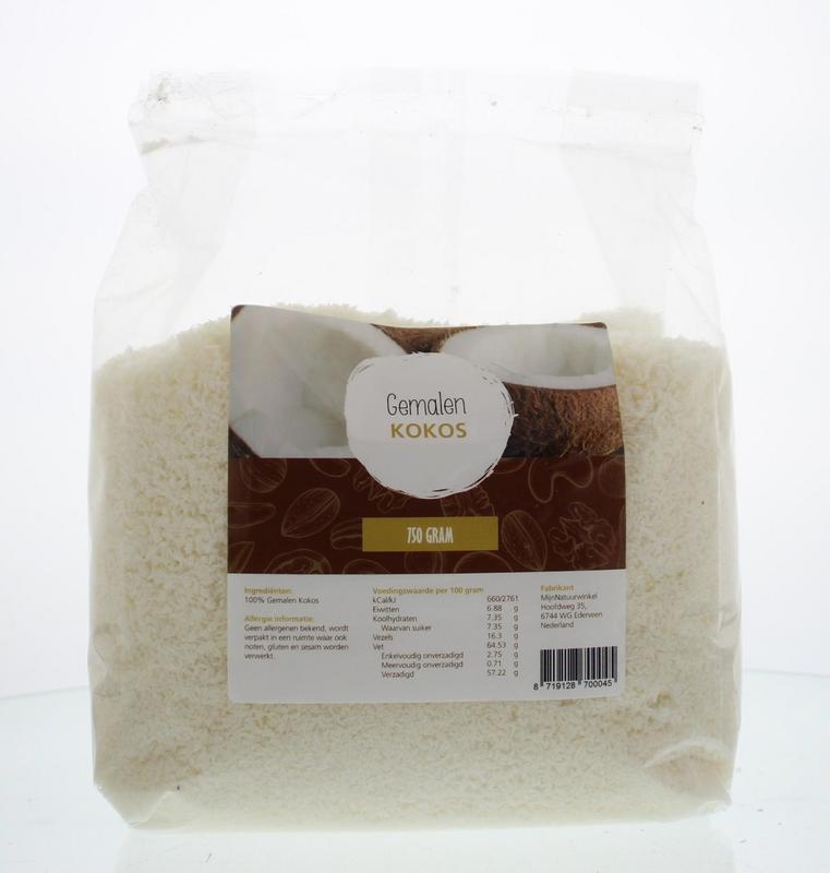 MijnNatuurwinkel gemalen kokos in een 750 gram verpakking, geschikt voor koken en bakken, met een lichte, geraspte kokos uitstraling.