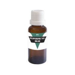 BT'S Pepermunt olie 25ml bottle of essential peppermint oil with fresh mint leaves in the background.
