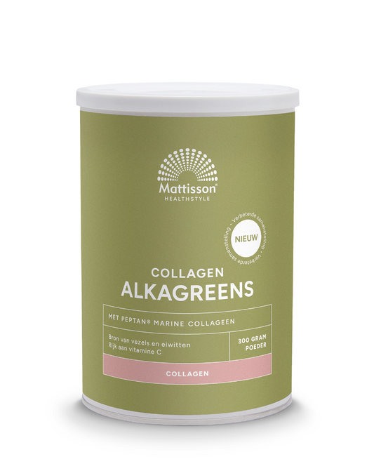 Mattisson Collagen AlkaGreens powder in 300g container, herbal supplement with collagen and greens, displayed in a clear jar with a label.