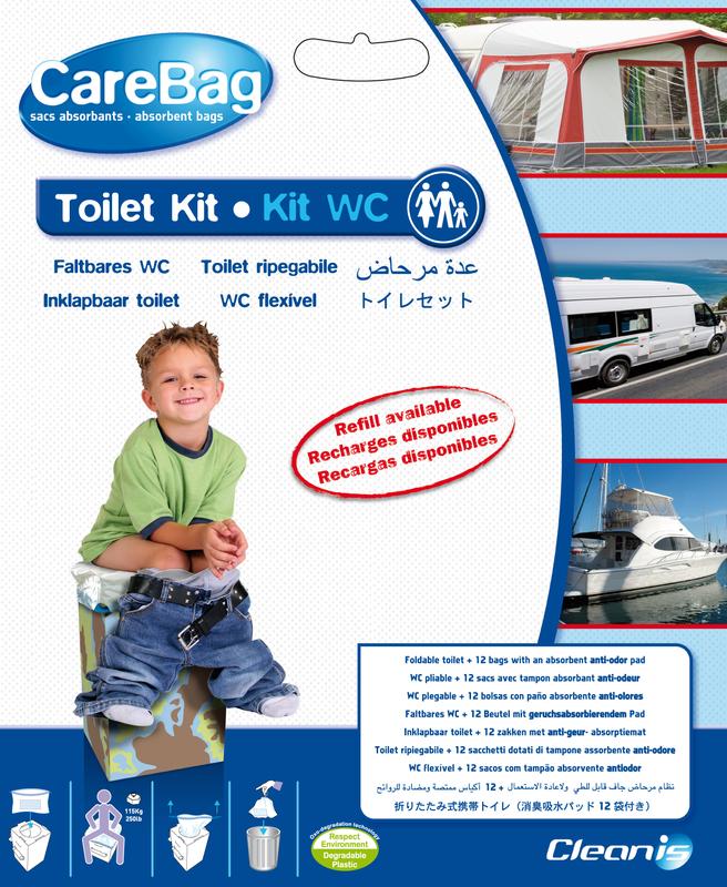 CareBag Meeneemtoilet opvouwbaar reisaccessoire set, compact foldable toilet kit for travel use, shown in the image.