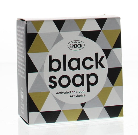 Speick black soap bar, 100g, natural Zeep with dark, textured surface and branded packaging, designed for cleansing skin.