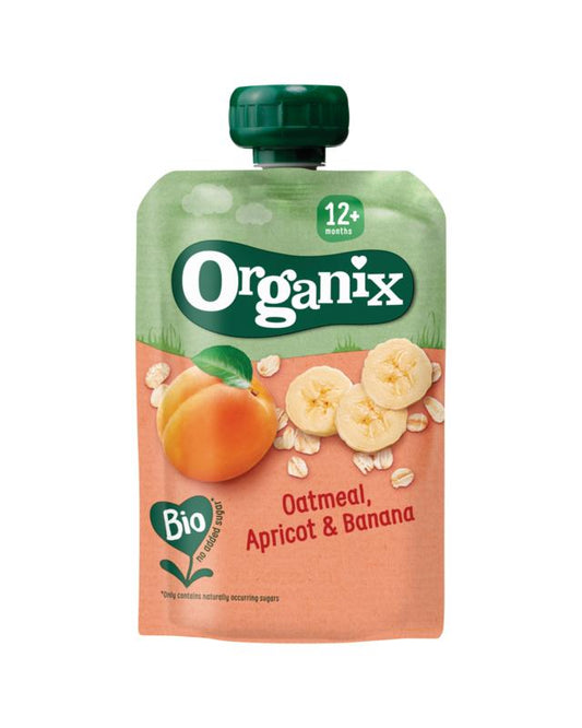 Organic Organix Knijpfruit baby food pouch with apricot and banana, suitable for babies 12 months and older, 100g.