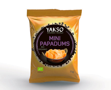 Yakso Mini Papadums Bio Chips en Zoutjes, 75g, crispy Indian-style snack with salt, in a colorful package.