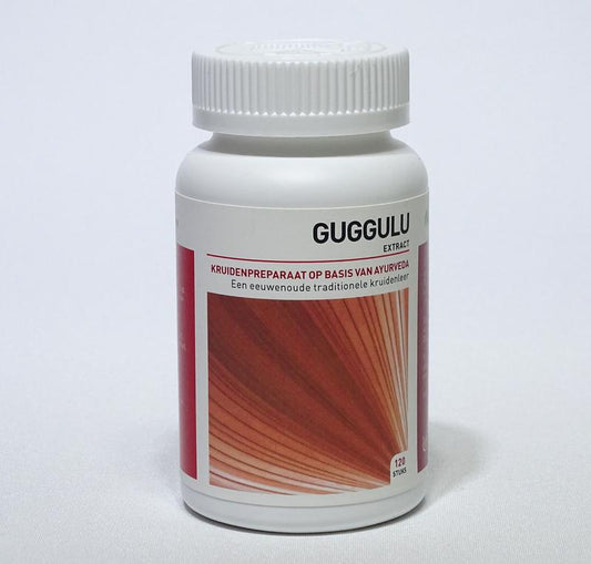 Ayurveda Health Guggulu tablets in blister pack, herbal supplement for health and wellness, 120 count.