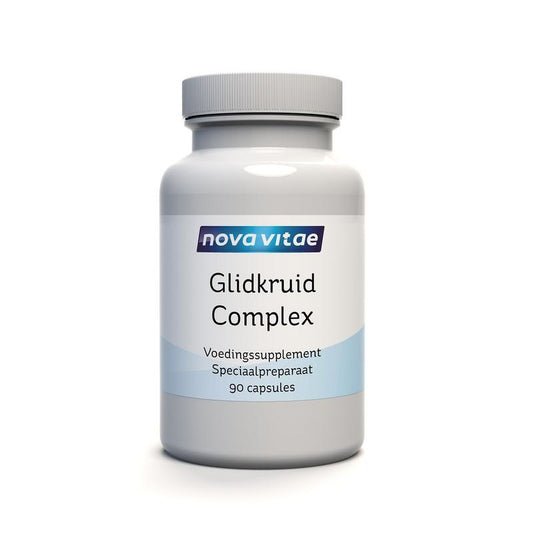 Nova Vitae Glidkruid complex vegetarian capsules, herbal supplement in a clear bottle with capsules visible inside.