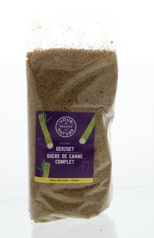 Organic Your Organic Nature Oerzoet bio sugar in 500g package, natural sweetener and sugar alternative, shown in the image.