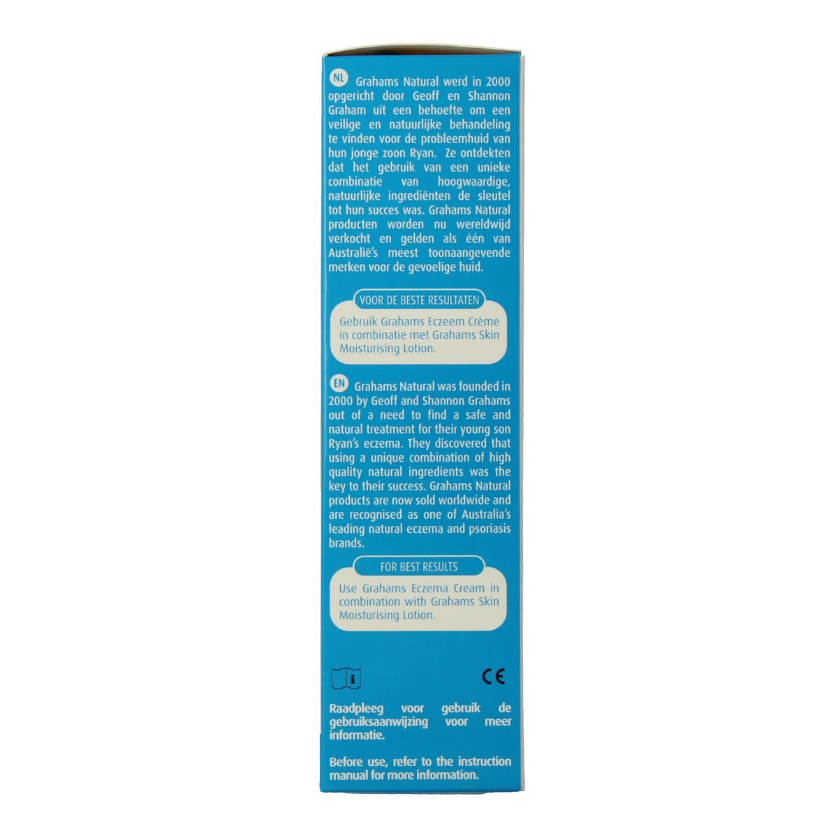 Grahams Eczeemcreme 150g, natural body care cream for eczema-prone skin, in a white tube with blue accents.