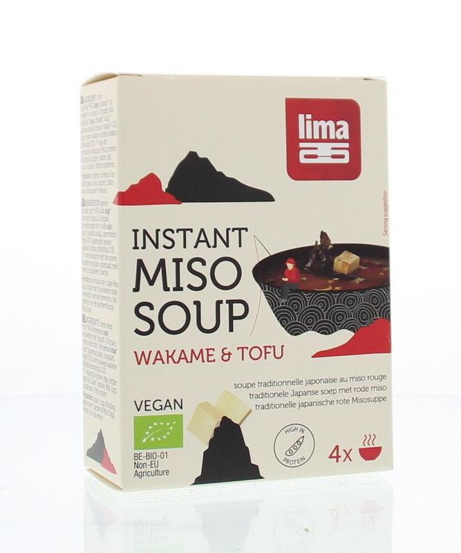 Lima instant miso soup with wakame and tofu, 4 packs of 10 grams each, organic, in a clear bowl with broth and seaweed visible.