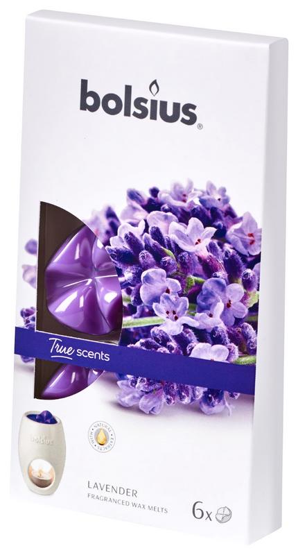 Bolsius True Scents lavender wax melts, 6 pieces, scented candles for home fragrance, with lavender aroma and candle-shaped design.