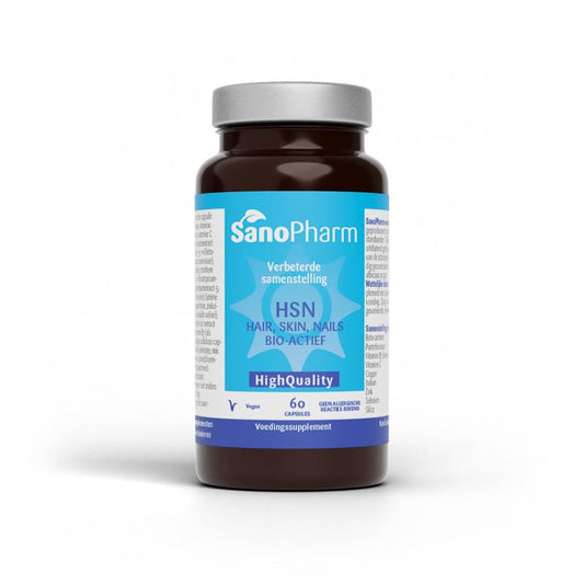 SanoPharm HSN Hair Skin Nails multivitamin capsules in a bottle, promoting healthy hair, skin, and nails.