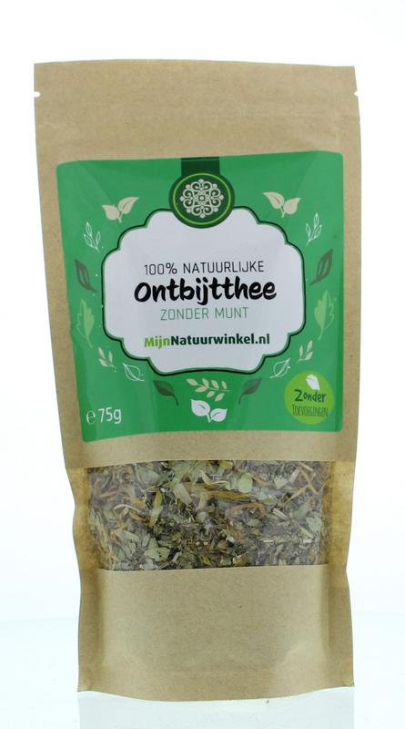 MijnNatuurwinkel ontbijt thee zonder munt in 75g package, featuring dried herbs and tea leaves for a calming herbal brew.