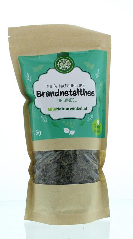 MijnNatuurwinkel brandnetelthee in 75g package, herbal tea made from nettle leaves, natural wellness product.