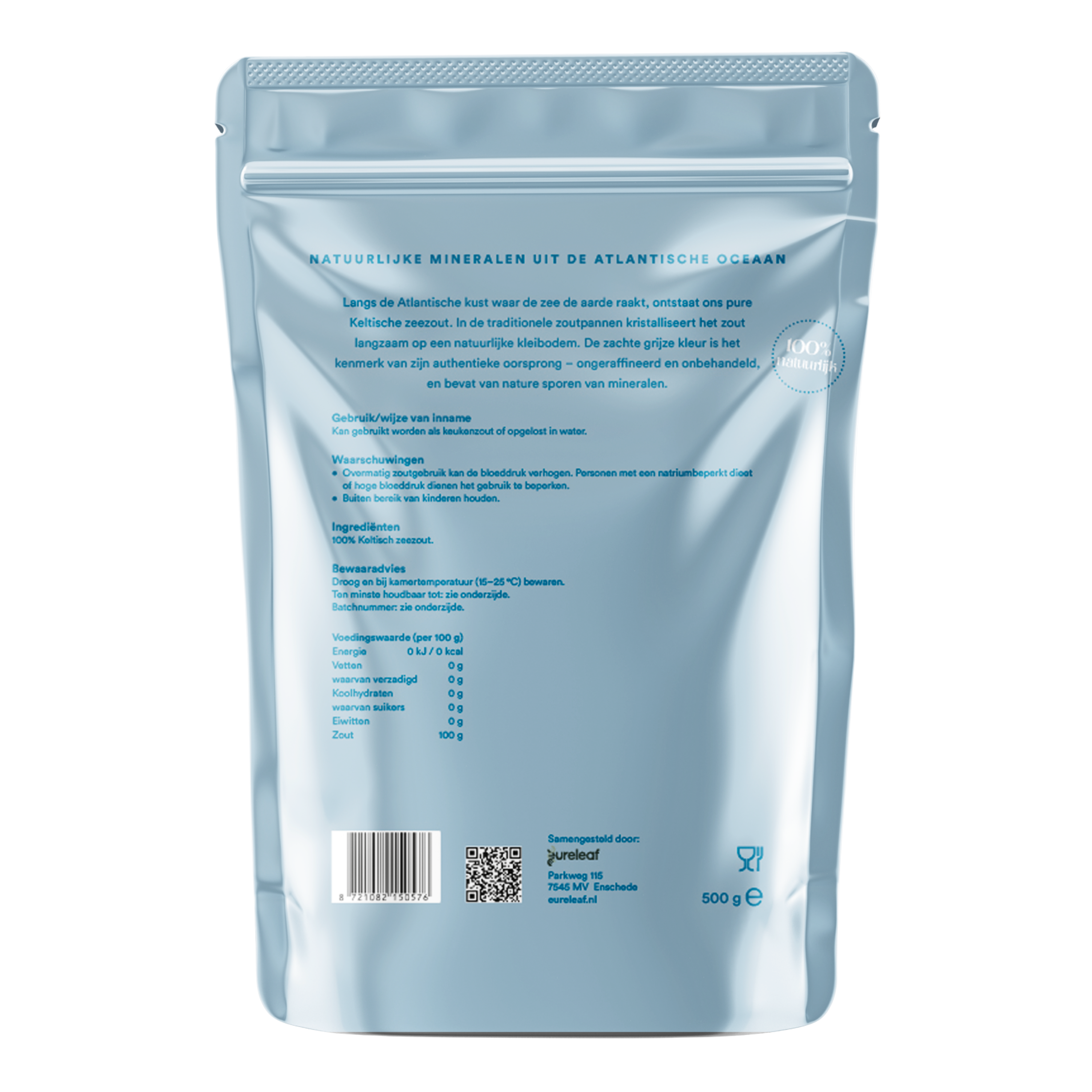 Elements Keltisch Zeezout 500g, natural Celtic sea salt in a jar, used for cooking and seasoning in kitchen.