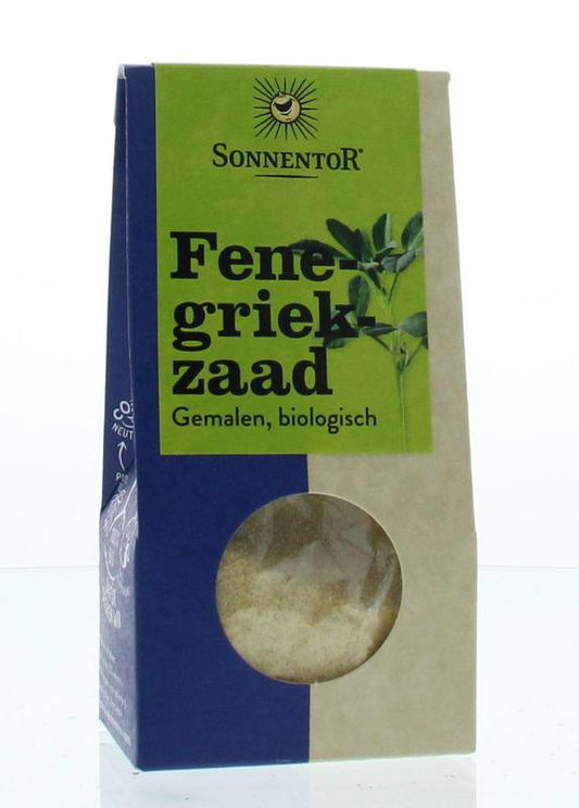 Sonnentor Fenegriek organic spice in a 35g package, part of kruiden, zouten en maaltijdmixen collection, showing the spice in a jar.