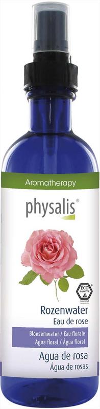 Physalis Rozenwater facial toner bottle, 200ml, for skincare, with rosewater in a clear plastic container.