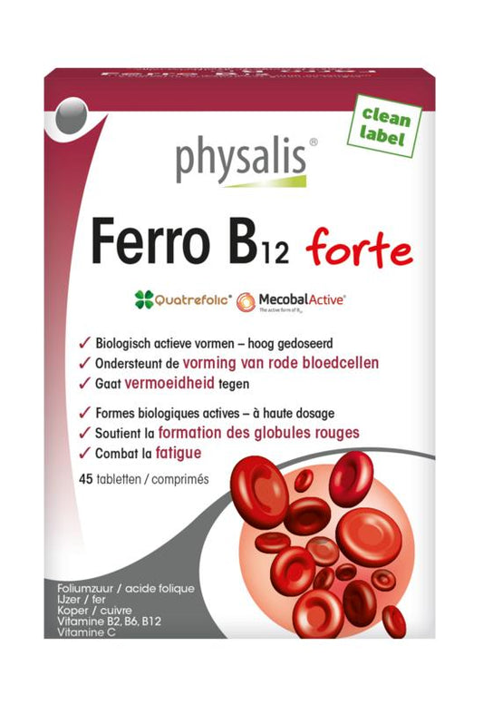 Physalis Ferro B12 Forte 45 tablets, mineral supplement bottle with tablets, used for iron and vitamin B12 support.