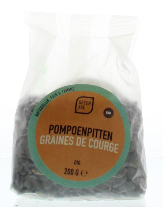 Organic Greenage pumpkin seeds in a 200g package, raw superfood, shown in a clear image.