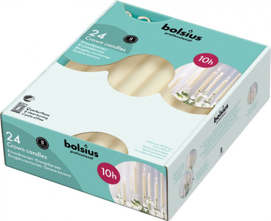 Bolsius Kroonkaars 240/24 ivoor, a set of 24 ivory candles, shown with tall, elegant candle design on a neutral background.