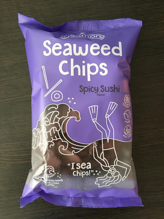 Seamore Zeewier spicy sushi tortilla chips in a 135g bag, featuring seaweed-flavored crunchy chips with a spicy twist.