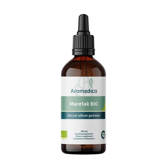 Aromedica Maretak gemmo tinctuur Viscum album bio, herbal preparation in a 100ml bottle with green label and dropper cap.