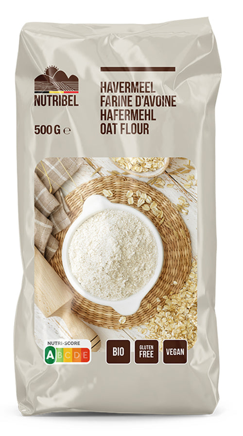 Nutribel glutenvrij havermoutmeel in 500g bio verpakking, natural oat flour for baking and cooking.