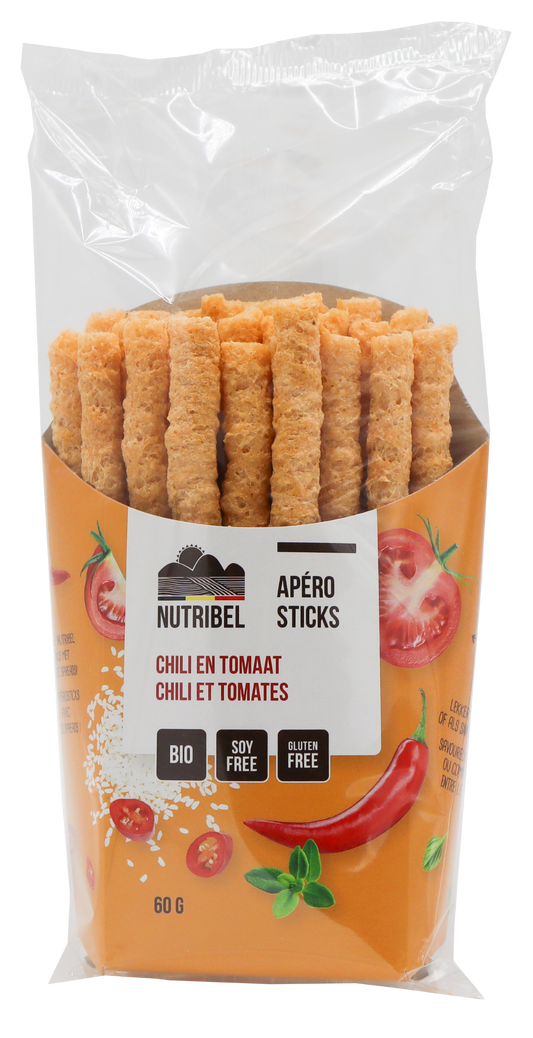 Nutribel Apero stick chili bio snack in a clear bag, showing crispy, spicy chili-flavored organic snack sticks.