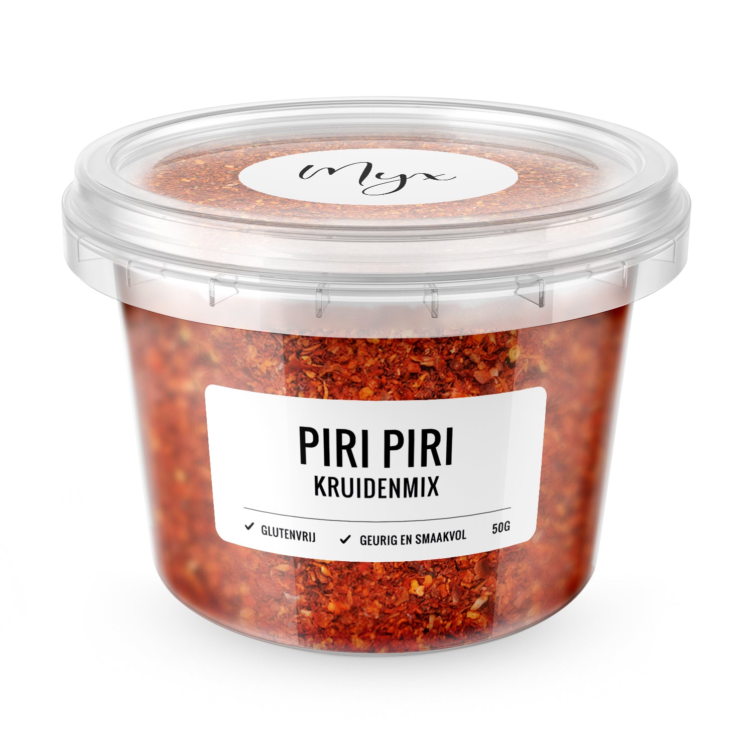 Myx Kruidenmix piri piri gluten-free spice blend in a 50g jar, featuring vibrant red chili peppers and herbs for flavorful dishes.