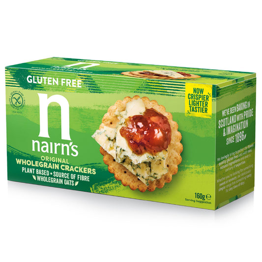 Nairns Volkoren crackers glutenvrij, 160g, showing crispy whole grain gluten-free crackers in a clear package.