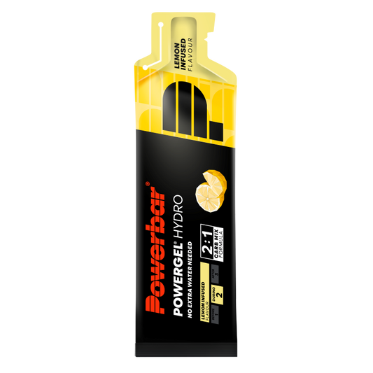 Powerbar Powergel Hydro Lemon infused sports nutrition gel in a 67ml packet with lemon flavor, designed for athletes.