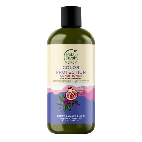 Petal Fresh Pomegranate Acai Conditioner bottle, 475ml, for hair care, with a white and purple label and colorful fruit illustrations