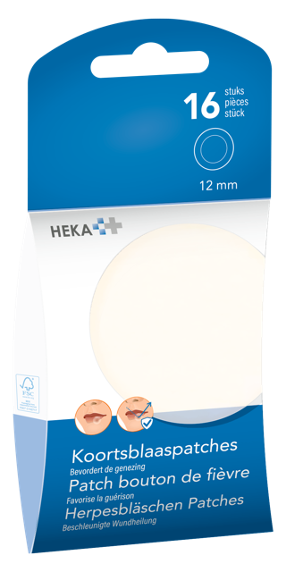 Heka lip care patches, 12mm size, showing a box of 16 adhesive patches for soothing lip discomfort.