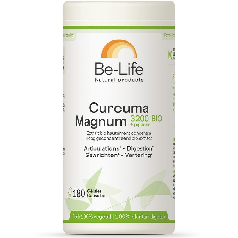Be-Life Curcuma magnum 3200 & piperine bio softgels, herbal supplement with yellow turmeric capsules and black pepper extract.